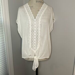 Allie Rose Top White with Eyelet Trim V Neck Tie Front Sleeveless